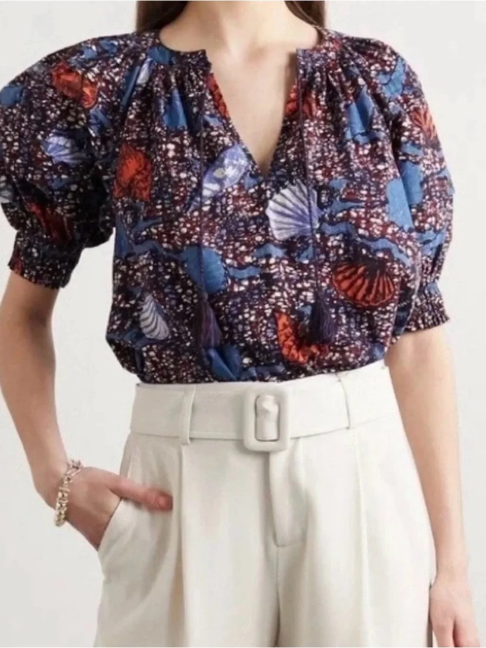 Ulla Johnson Seashell Print Cotton Poplin Puff Sleeve Top Size 6